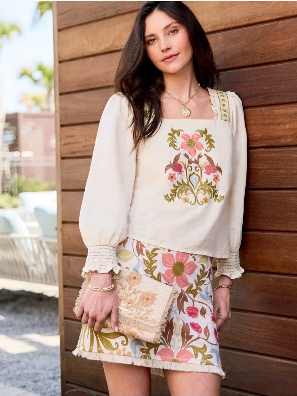 Spartina 449 Cream Embroidered Floral Top with Pink & Green Accents